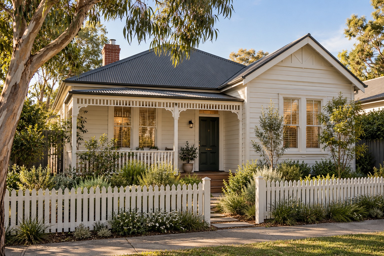 Illustrative Melbourne weatherboard home with a verandah and native garden
